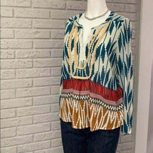 Maeve Anthropologie Rohana Women Astec Print Long Sleeve Blouse Size 0 - Picture 2 of 9